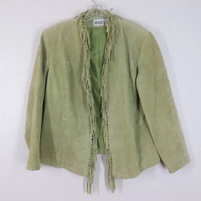 Chaqueta de Gamuza Chicos Talla 2 EE. UU. L 12 Cuero Verde Flecos Costuras Punto en el Látigo Linned Foto 1 de 4