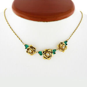 Vintage 14k Gold 1.56ctw Diamond & Emerald 3 Rose Flower w/ Fancy Chain Necklace