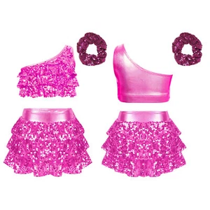 Kids Girls Outfit Dance Set Latin Suit Shiny Competition Culottes Costume Jazz - Picture 1 of 51
