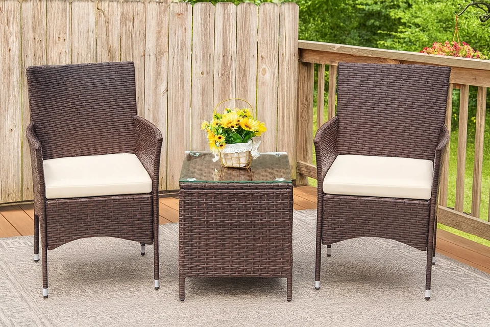 Juego de muebles de mimbre para patio de 3 piezas sillas de ratán PE con mesa exterior marrón beige Foto 1 de 1