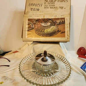 Vintage Kromex Sculptura Lazy Susan Glass Tray Chrome Lid with Box - Picture 1 of 8