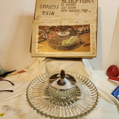 Vintage Kromex Sculptura Lazy Susan Glass Tray Chrome Lid with Box - Image 1 of 4