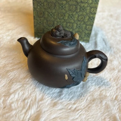 Marked Teapot Full Handmade Pot True Yixing Zisha Purple Clay Ginkgo Leaf Relief - Image 1 of 4