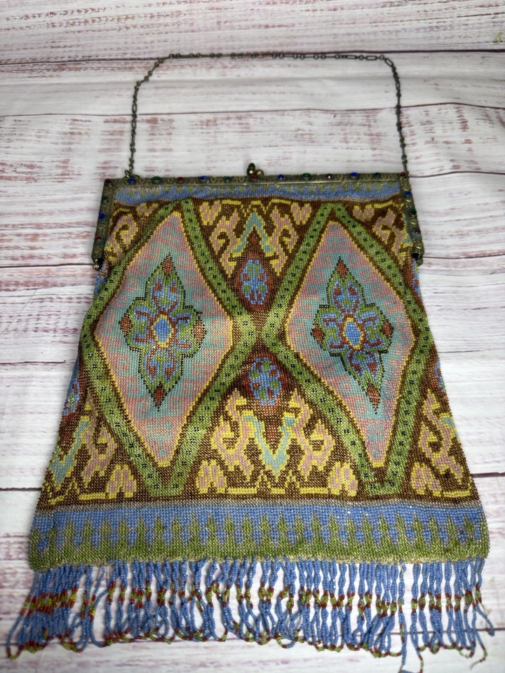 1920's Antique French Steel Cut Micro Beaded Art Geometric Deco Bag Purse - Image 1 of 4