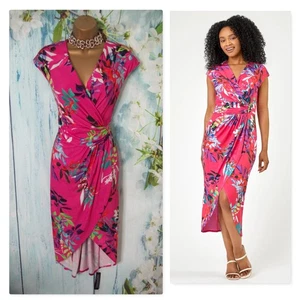 NEW ROMAN MAXI DRESS SIZE 18 PETITE, Pink Tropical Floral Ruched Wrap Midi Dress - Picture 1 of 13