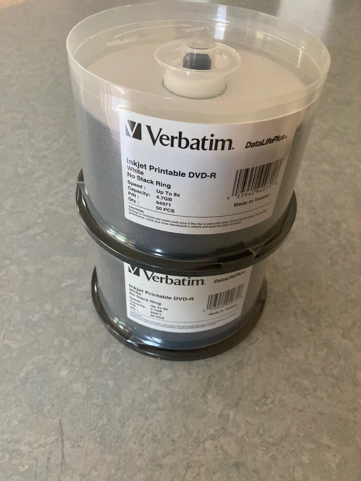 Qty 100 Verbatim 8X White Inkjet Disks Printable DVD-R 94971 DataLifePlus - Image 1 of 3