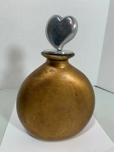 Vintage Glass Hand Painted Brass Colored Perfume Bottle with Heart Shape Cap. - Picture 1 of 5