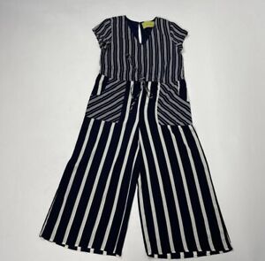Navy Blue and White Striped Side Pockets Midi Jumpsuit Size M