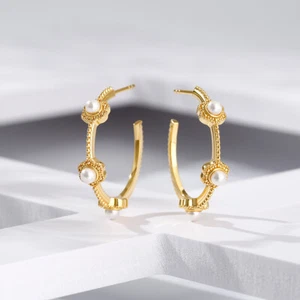 2Ct Round Natural White Pearl Three-Stone Earrings 14K Yellow Gold Silver Plated - Picture 1 of 6