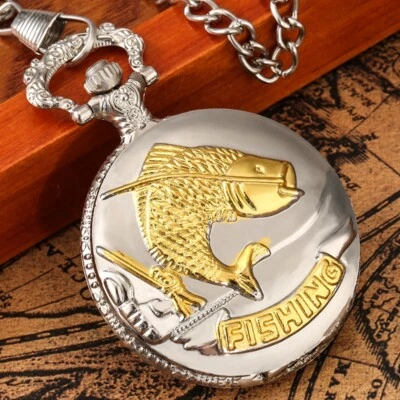 Quartz Pocket Watch Gift Fish Fishing Carving Silver Case Vintage Analog Chain - Image 1 of 4