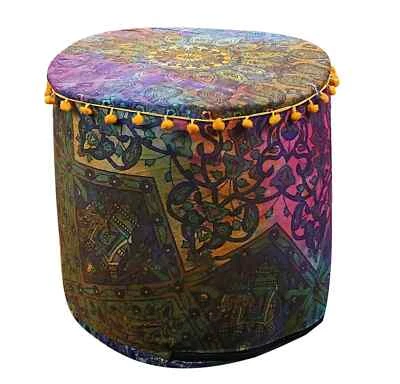 Handmade Round Foot Stool New Indian Pure Cotton Vintage Ottoman 22" Pouf Cover - Image 1 of 3
