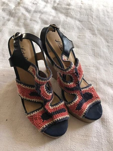 Lucky Brand Espadrille Crochet Sandals Woven Red Blue Wedge Platform Macrame 7.5 - Picture 1 of 8