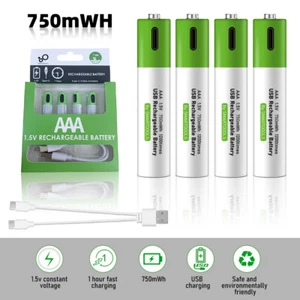 1.5V Rechargeable AAA Lithium Batteries 750mWh Li-ion Batteries w/ Charger Cable - Picture 1 of 13