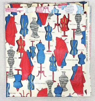 48" x 45" Laminated Cotton Fabric Sewing Room Dress Form Print Red & Blue - Image 1 of 4