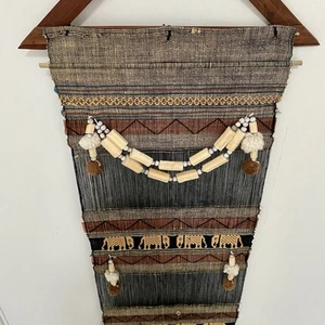 Ethnic Elephant Fiber Art Wall Hanging 12”x70” Thai Indian Asian Woven Temple - Picture 1 of 16