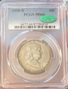 1958 D FRANKLIN SILVER HALF DOLLAR PCGS MS66 CAC - Picture 1 of 2