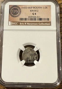 (1653-66) Bolivia 1/2 Real NGC G4 - Eric P. Newman Collection - Silver Colonial - Picture 1 of 5
