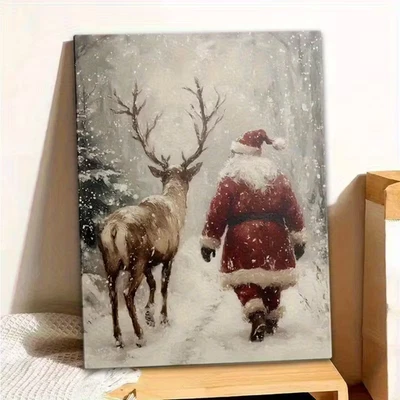 Framed Canvas Wall Art- Christmas Santa Claus & Reindeer in Snowy Forest Poster - Image 1 of 4