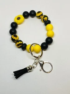 Sunflower Wristlet / Bracelet Keychain / Black and Yellow Silicon Beaded - Picture 1 of 1