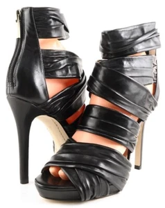 $200 BOUTIQUE 9 LIZZEE Black Leather Designer Strappy Sandals Platform Pumps 7 - Picture 1 of 4