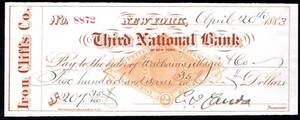 U.S.A.: Third National Bank, New York, Iron Cliffs Co., used cheque, 1883 - Picture 1 of 1