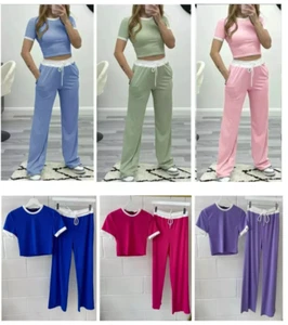 New Ladies Short Sleeves Ribbed Contrast Crop Top and Flared Trouser Set UK8-18 - Picture 1 of 13