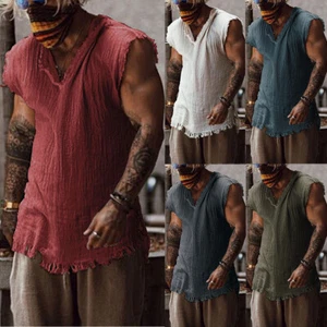Ropa informal diaria cuello en V chaleco camisetas sin mangas camiseta estilo antiguo hombres sueltos - Imagen 1 de 16