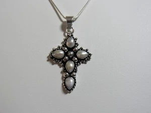 East Indian style Silver Plate and Freshwater pearl Cross pendent - Picture 1 of 7