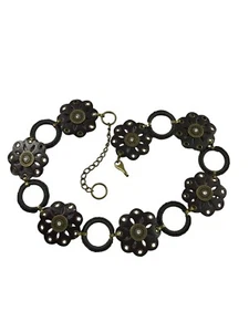 Leather Metal Chain Belt Womens XL Rhinestones Brown Flower Circle Hippie Boho - Picture 1 of 6