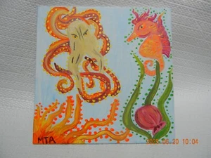 Octapus Sea horse 5 x 5 in original Painting acrylic on canvas panel - Picture 1 of 5