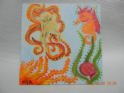 Octapus Sea horse 5 x 5 in original Painting acrylic on canvas panel - Image 1 of 4