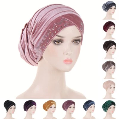 闪耀打褶头巾帽女式天鹅绒头巾穆斯林帽无檐帽柔软新品 — 第 1/4 张图片