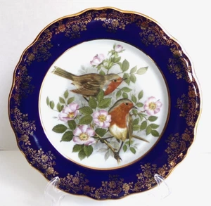 VINTAGE LIMOGES Birds Roses Gold and Cobalt Blue Porcelain Plate RARE France 10" - Picture 1 of 13