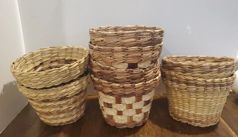 Vintage Woven Wicker Plant Flower Storage Baskets 6 in Round Lot of 8 Boho Decor Cover