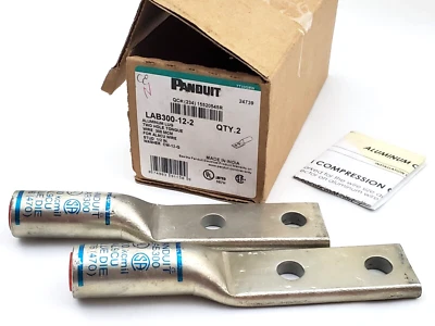 Box of 2 Panduit LAB300-12-2 Aluminum Crimp Lugs Two Hole 300 MCM 1/2" Stud Hole - Image 1 of 4