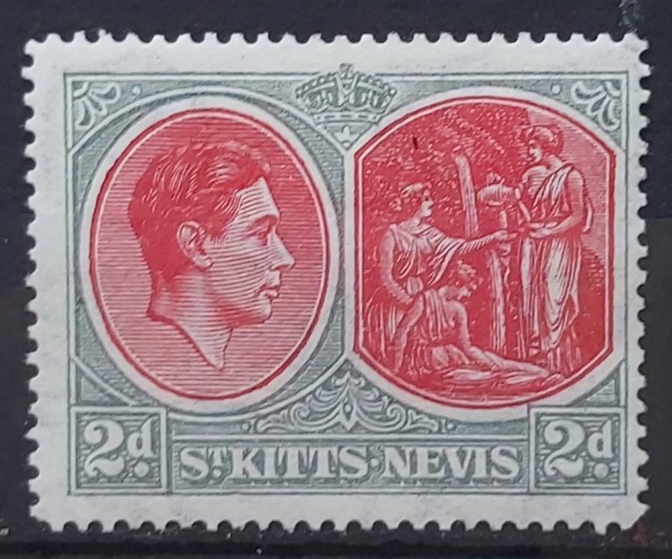 St Kitts &Nevis KGVI 1938 2d Scarlet & Pale Grey Perf 14 Mint Chalk surf sg 71c - Image 1 of 2