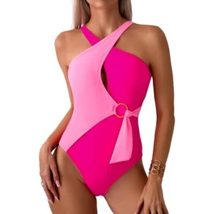 Traje de baño de una pieza rosa detalle de anillo halter cruzado espalda grande sin marca nuevo sin etiquetas - Imagen 1 de 9