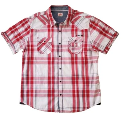 Camisa SCHOTT Bros Vintage Años 90 Nueva York Para Hombres XL Roja Crema Cuadros Manga Corta Foto 1 de 4