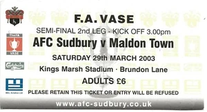AFC SUBURY V MALDON TOWN ~ FA VASE SEMI FINAL ~ 29 MARCH 2003 ~ MATCH TICKET - Picture 1 of 1