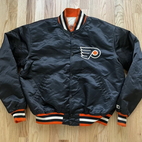 Men's Vintage 80's Starter Philadelphia Flyers Black Satin Bomber Jacket Sz XL Cover