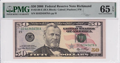 2006 $50 Federal Reserve Note | Ladder IE 02345678 A | Fr. 2130E (FW) | PMG65EPQ - Image 1 of 2