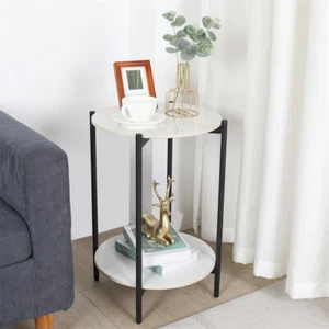 WISFOR Round Marble Coffee Tables White Corner Table 2-Tier Storage 21.65" Tall - Picture 1 of 17