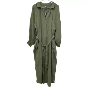 Vecchio abito camicia blu navy donna XXL verde salvia cintura midi manica lunga cotone bolle - Foto 1 di 13