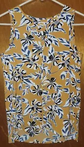 Mustard Yellow Blue & White Floral Sleeveless Keyhole Tunic Top XS MINT COND - Picture 1 of 6