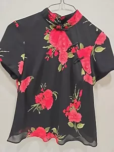 Studio 1 , 16 wide Chinese Black with Red Floral Ladies Layered Kimono Blouse - Picture 1 of 6