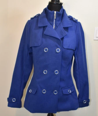 NWT GUESS Size L Justyna Double Breasted Full-Zip Blue Pea Coat R63L0402000 - Image 1 of 4