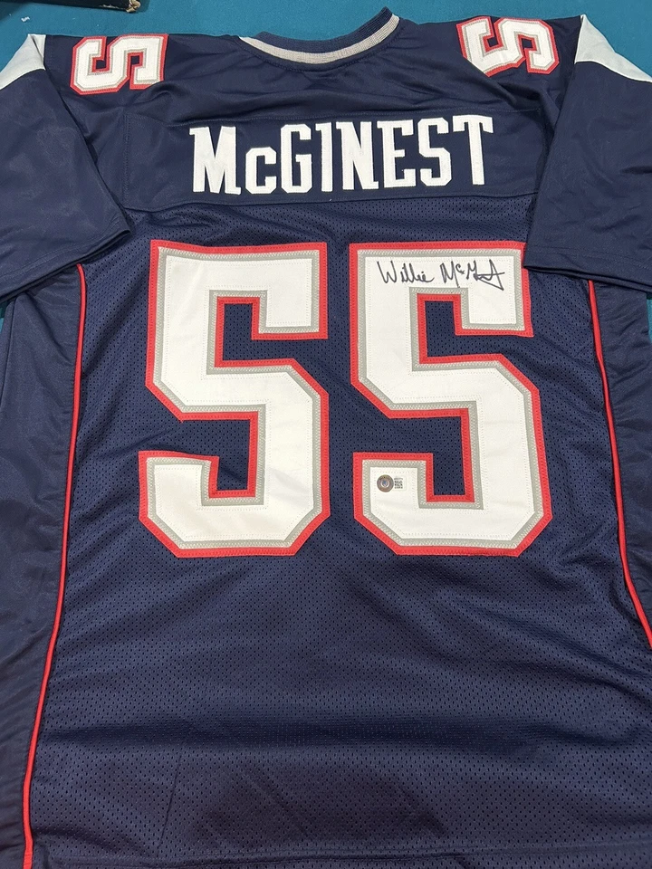 Jersey Willie McGinest Firmado New England Patriots Personalizado XL Azul BAS Holograma Foto 1 de 4