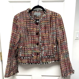 Emil Rutenberg Silk Tweed Jacket, Cropped Red Plaid Coat, Fringe, Size S - Picture 1 of 13