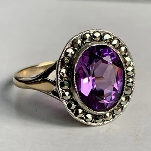Anello ametista oro 9 kt vintage cocktail misura N 6,75 ovale argento incastonato 3,28 g - Foto 1 di 15
