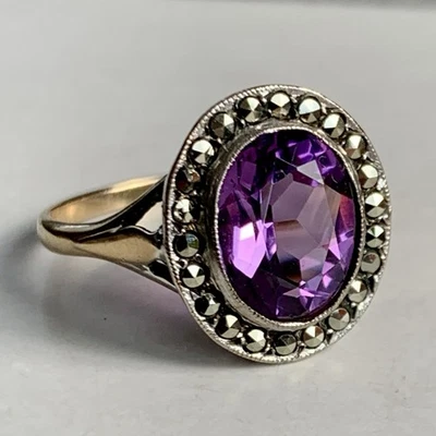 Anillo Amatista Oro 9ct Vintage Cóctel Talla N 6.75 Ovalado Plata Ajuste 3.28g Foto 1 de 4